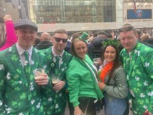 These five picked up their shamrock suits at the famed O’Carroll’s in Dublin and flew to New York for the parade, which they said is far larger than the parade in their home city. They are (from left): Stephen O’Brien, David O’Brien, Gillian Storey, Lauren Lambert and Peter Saltell. Photo: J. Patricia Walsh