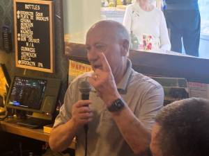Gabriel Megahey at Ernie O’Malley’s Pub on July 9, where he gave an exclusive interview to us about the Trump administration’s bid to deport him. Our scoop was big news in Ireland, but several publications on the Emeral Isle ripped off quotes from our story without attribution.