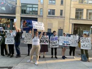 Employees protest during the Whitney gala. Photo: Karissa Francis