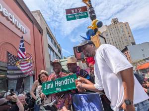Hundreds experience Jimi Hendrix Way unveiling, including Janie Hendrix, Vernon Reid, Will Calhoun.