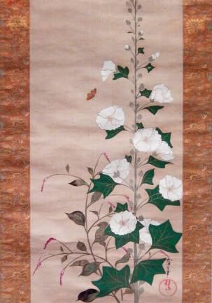 &quot;Hollyhocks and Prince&#x2019;s-Feather Flowers&quot; a haiku-like scroll painting on silk by Sakai Oho (1808&#x2013;1841). Photo: Adel Gorgy