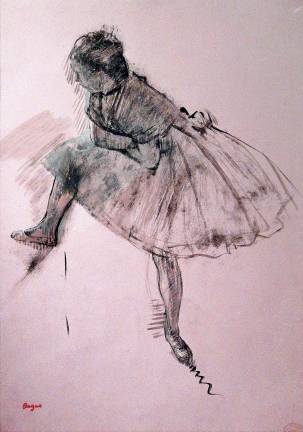 In the charming "Study of a Ballet Dancer" (recto) and "Two Studies of Dancers" (verso) Edgar Degas utilized watercolor on prepared pink paper. Photo: Adel Gorgy