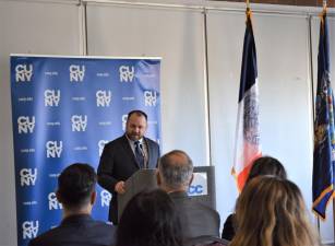 City Council Speaker Corey Johnson, at the Borough of Manhattan Community College, spoke about the toll that food insecurity takes on students.