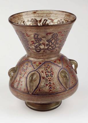 Mosque Lamp of Sultan Barquq. Egypt or Syria, 1382 – 99. Glass with gold and enamel. 13¾ × 10½ in. (34.7 × 26.8 cm). Victoria and Albert Museum, London (321-1900). Image: © Victoria and Albert Museum, London