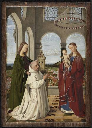 Petrus Christus, &#x201c;The Virgin and Child with St. Barbara and Jan Vos&#x201d; ca. 1450, Oil on panel, 7 5/8 &#xd7; 5 &#xbd; inches, Staatliche Museen zu Berlin, Gem&#xe4;ldegalerie. Photo courtesy The Frick Collection.