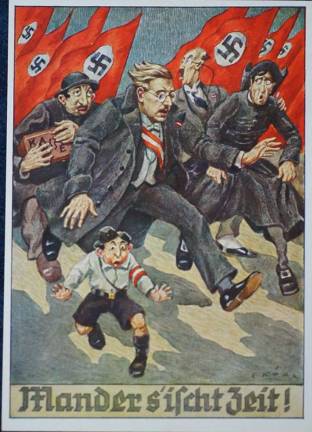 Unknown artist, &quot;Mander s'ischt Zeit!&quot; (It's Time Folks!), 1938. Postcard. The Museum of World War II, Boston