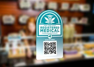 A medical dispensary sticker. Six of the New York’s ten “registered” medical cannabis companies were granted entry to the retail market on December 8.