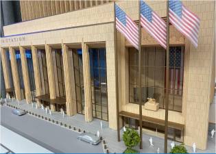An artist rendering of the grand entrance on Eighth Ave. that is proposed in the rebuilding of Penn Station.