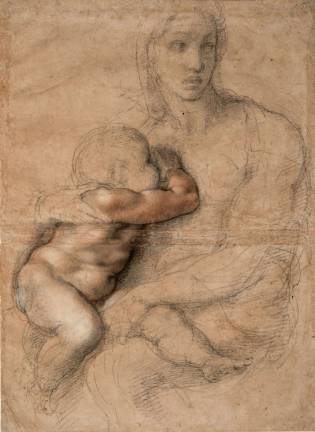 Michelangelo Buonarroti (Italian, Caprese 1475&#x2013;1564 Rome). &#x201c;Unfinished cartoon for a Madonna and Child.&#x201d; 1525&#x2013;30. Drawing, black and red chalk, white gouache, brush and brown wash: 21 5/16 x 15 9/16 in. Casa Buonarroti, Florence