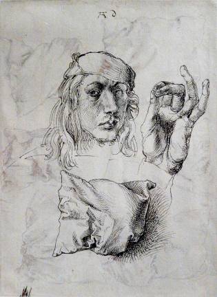 Albrecht Dürer's irrepressible curiosity comes through in this two-sided drawing, "Self-portrait, Study of a Hand and a Pillow (recto); Six Studies of Pillows (verso)," 1493. Photo: Adel Gorgy