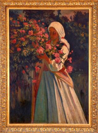 Oleksa Novakivsky (1872– 1935), “Woman with Roses,” n.d., oil on canvas on wood board. Gift of Bohdan and Oksana Rak. UM 1998/34. Photo by Volodymyr Gritsyk. ©The Ukrainian Museum