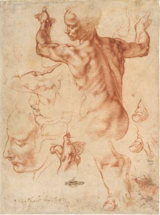 Michelangelo Buonarroti (Italian, Caprese 1475&#x2013;1564 Rome). &#x201c;Studies for the Libyan Sibyl (recto); Studies for the Libyan Sibyl and a small Sketch for a Seated Figure (verso).&#x201d; Ca. 1510&#x2013;11. Red chalk, with small accents of white chalk on the left shoulder of the figure in the main study (recto); soft black chalk, or less probably charcoal (verso). Sheet; 11 3/8 x 8 7/16 in. The Metropolitan Museum of Art, Purchase, Joseph Pulitzer Bequest, 1924