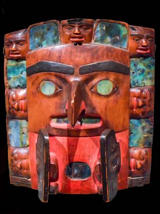 A Tsimshian headdress frontlet made in British Columbia, Canada, ca. 1820&#x2013;40 shows the characteristic figurative abstraction, blurring the lines between human and animal forms. Photo: Adel Gorgy.