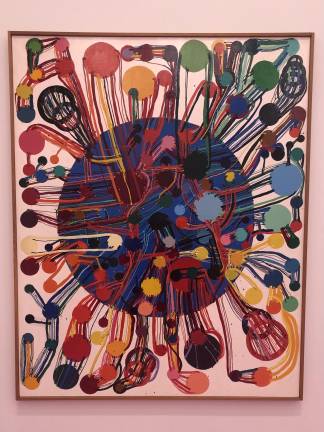 Acrylic lacquer on canvas by Atsuko Tanaka, a versatile artist known for her innovative works in various mediums, sought to invent “a new painting,” and pursued intermediate experimentalism across artistic disciplines.