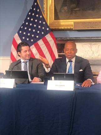 <b>Mayor Eric Adams with deputy mayor, director of communications, Fabian Levy at the May 21 press briefing at City Hall.</b> Photo: Keith J. Kelly