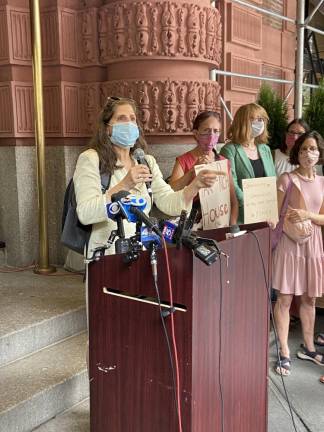 Speakers included Council Member Helen Rosenthal (at podium) and Assembly Member Linda Rosenthal (third from left). Photo: Alexis Gelber