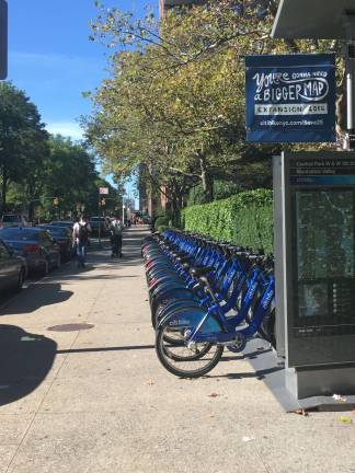 A Citi Bike docking station on Central Park West between West 99th and 100th Streets. Photo: Madeleine Thompson