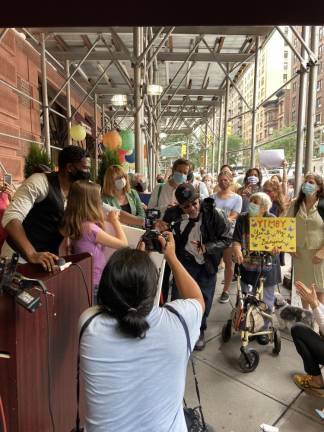 A Lucerne resident speaking at a press conference held by UWS Open Hearts in September. Photo: Alexis Gelber