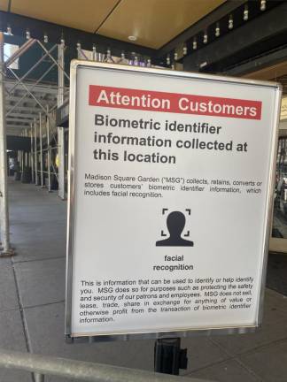 Signs warning patrons that facial recognition technology is once again being used at Madison Square Garden, after a judge lifted a temporary restraining order against the practice. Photo: Mike Oreskes