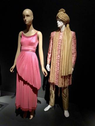 Fashion Editor Diana Vreeland once called pink &#x201c;the navy blue of India.&#x201d; Bonnie Cashin, dress made from brocaded silk Indian sari, 1957. MFIT, Gift of the Estate of Bonnie Cashin. Man&#x2019;s Banarasi silk wedding Sherwani with pajamas, turban and stole, 2018. MFIT, museum purchase. Photo: Val Castronovo&#xa0;