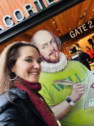 Heather Stein (author) takes a selfie with Shakespeare: Lucky again to enjoy the wonder of Shakespeare in the Park 2026.