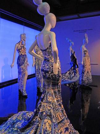 Blue and white gowns share a gallery with Chinese porcelains that inspired them. Photo: Adel Gorgy