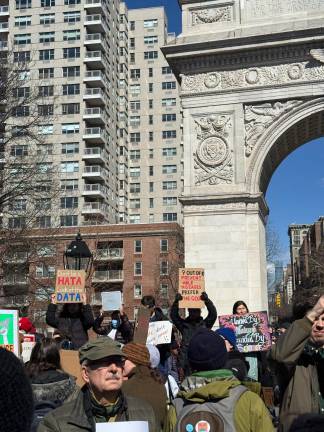 Rally on March 9 in Washington Square Park protesting against Trump’s budget cuts to science and research.