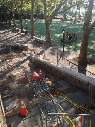 Stairs leading to the Riverside Park soccer field at the level of about 102nd Street have been fenced off since 2015. Repairs will take another three years. Photo: Richard Khavkine