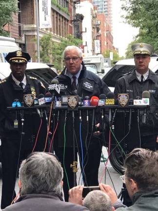 John Miller, the NYPD&#x2019;s deputy commissioner of intelligence and counterterrorism, addressed reporters Friday morning on West 52nd Street after police disposed of an explosive device found at a USPS facility. Photo: NYPD