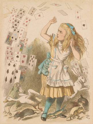 John Tenniel (1820&#8211;1914), &quot;Nothing but a pack of cards!&quot; 1885. Hand-colored proof. Gift of Arthur A. Houghton, Jr., The Morgan Library &amp; Museum. Photography by Steven H. Crossot, 2014.