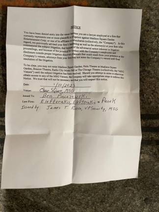 The formal letter that attorney Benjamin Pincweski says he was handed when he was barred from entering Madison Square Garden to attend a Rangers game on Jan. 10. He says they misspelled his surname. Photo: courtesy of Benjamin Pincweski