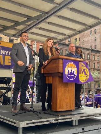 City Council Speaker Julie Menin confirms her support for 32BJ SEIU union during a vote on April 15, when voting members authorized bargaining committee to OK a strike call.