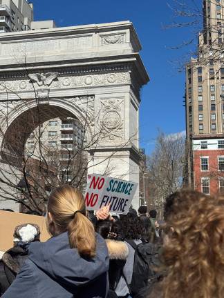 Stand Up for Science rally in Washington Square Park on March 7 protesting Trump’s budget cuts to science and research.