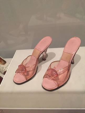 Unidentified maker. Open-toe mules belonging to Ginger Rogers, ca. 1950s. Leather, plexiglass, rhinestone, elastic Spring-o-lator. Stuart Weitzman Collection. Photo: Val Castronovo