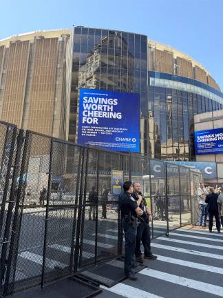 NYPD officers guarding the main gate into the arena prior to the start of Game 3 of the NBA finals at Madison Square Garden.