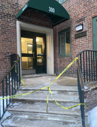 Yellow crime scene tape outside 300 First Ave. in Stuyvesant Town. Police said a 14-year-old girl was threatened by a suspect identified as who stole her iPhone and ran off.