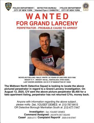 Wanted for Hell’s Kitchen apartment scam: suspect Nicholas Fuelling.