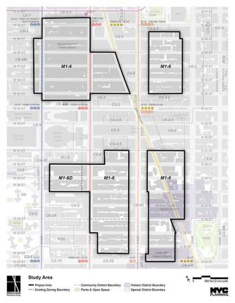 A rough map of the blocks intended to be rezoned as part of the Midtown South Neighborhood Plan.