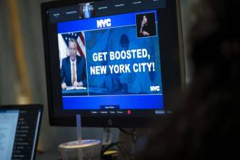 At Mayor Bill de Blasio’s press briefing on Tuesday, December 21, 2021. Photo: Ed Reed/Mayoral Photography Office.