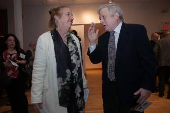 Just-appointed Manhattan Borough Historian Robert W. Snyder chats with Manhattan Borough President Gale Brewer at the Fire Museum in Soho on Dec. 3. Some 200 local historians and neighborhood activists gathered to celebrate. And that's a map of Manhattan on his tie.