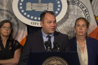 City Council Member Helen Rosenthal, left, Speaker Corey Johnson and Manhattan Borough President Gale Brewer.