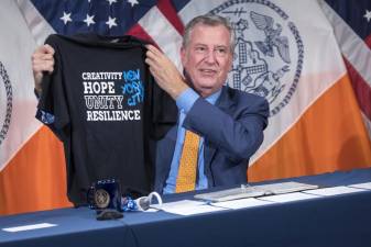 Mayor Bill de Blasio at his briefing on Monday, August 16, 2021. Photo: Ed Reed/Mayoral Photography Office.