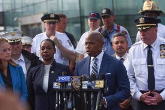 Mayor Eric Adams briefs the media regarding a boating accident on the Hudson River on Tuesday, July 12, 2022. Photo: Michael Appleton/Mayoral Photography Office