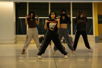 Four members of Evermore, a K-pop dancing club in NYC, are practicing the Kpop piece called Hip. Photo: Leying Tang