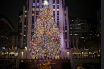 <b>The Rockefeller Center Christmas Tree, an 80 ft tall Norway spruce which contains about five miles of LED lights, was officially turned on at 10 p.m. on Nov. 29. The tree lights will be turned on every morning at 5 a.m. and stay lit up until midnight. The tree itself will stand until Jan. 14. </b>Photo: NYCmayorsoffice