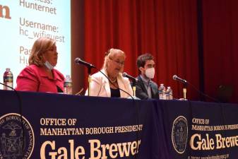 Manhattan Borough President Gale Brewer (center) presided over a public hearing at Hunter College about the Blood Center proposal. Photo: Emily Higginbotham