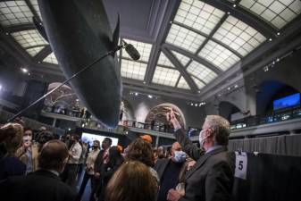 Mayor Bill de Blasio under the blue whale on a tour of the new vaccine site at the American Museum of Natural History on April 23, 2021. Photo: Ed Reed/Mayoral Photography Office