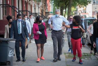 Mayor Bill de Blasio tours Flatbush with Council Members Farah Louis and Mathieu Eugene and Assemblywoman Rodneyse Bichotte on Sunday, May 31, 2020.