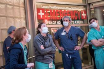 New Yorkers gathered outside Lenox Health Greenwich Village to thank health care workers on Sunday, April 5, 2020.