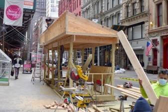 New outdoor dining structure going up on East 18th St., Feb. 12, 2022. Photo: Peter Burka, via Flickr